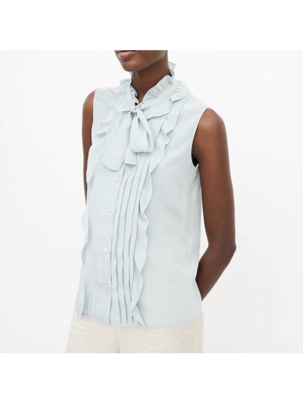 Valentino Sleeveless Ruffle Tie-Neck Blouse - Light Blue Size Small